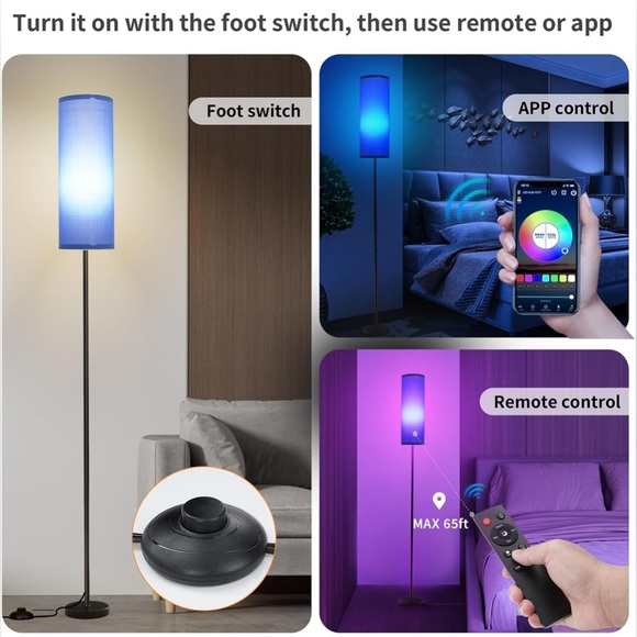 Floor Lamp (3 Dimmable Levels & RGB) with Foot Switch & Remote- Navy Blue Shade - Picture 3 of 9